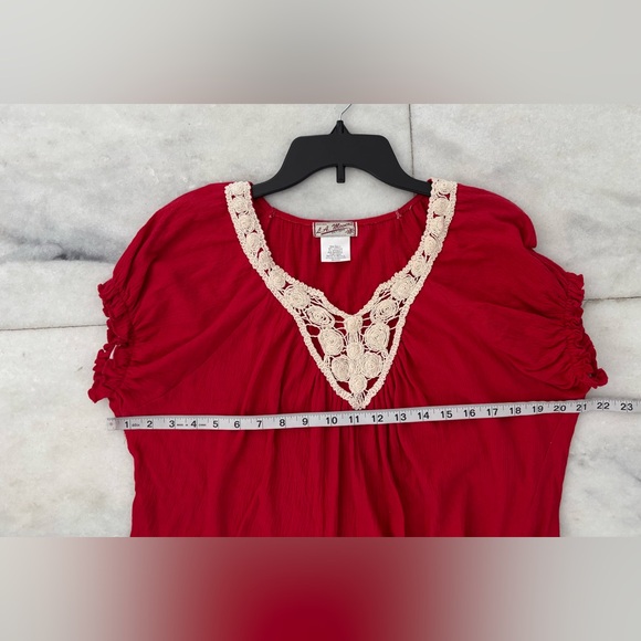 VTG LA Movers Top Red Crochet Short Sleeve Gauze Cotton Women M Boho Cottagecore - Picture 7 of 7